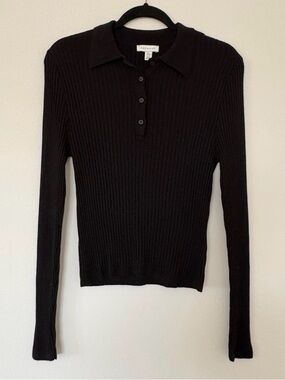 Topshop Black Ribbed Long Sleeve Collared Top